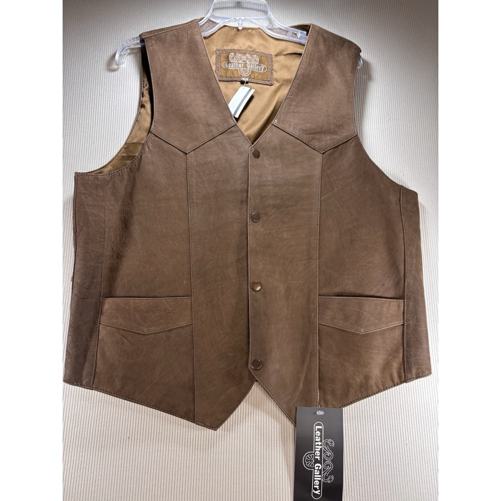 Men's Leather Gallery Brown Genuine Leather Vest Western Snap Front 44 NWT Biker